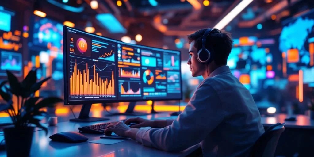 Futuristic workspace with advanced AI technology and tools.