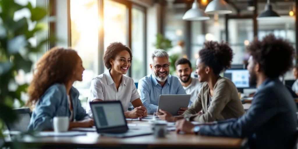 Diverse professionals collaborating in a modern office setting.