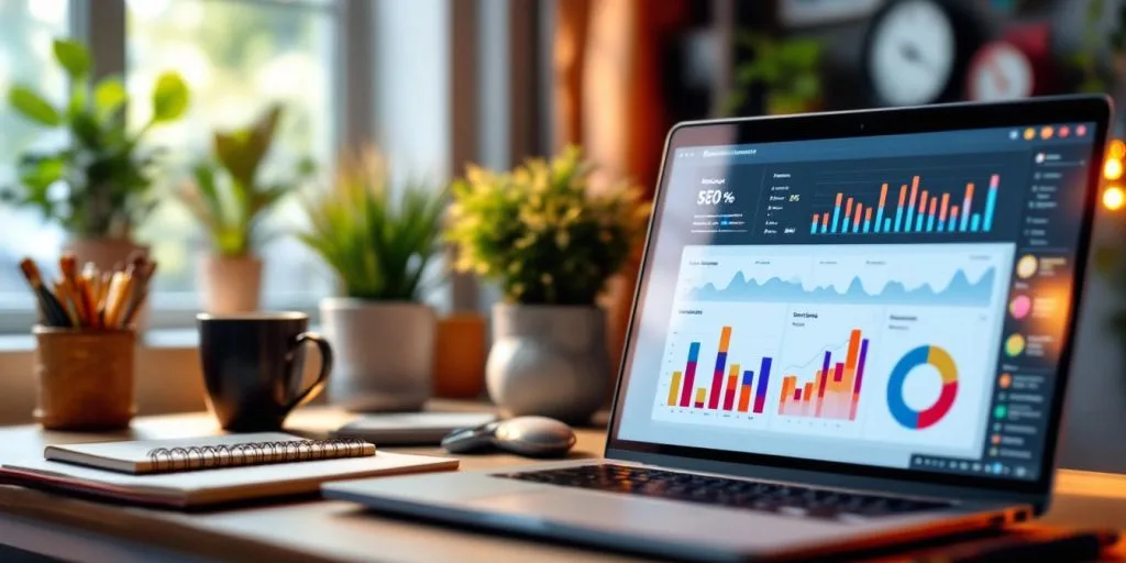 Bright workspace with laptop, notebook, and coffee cup.