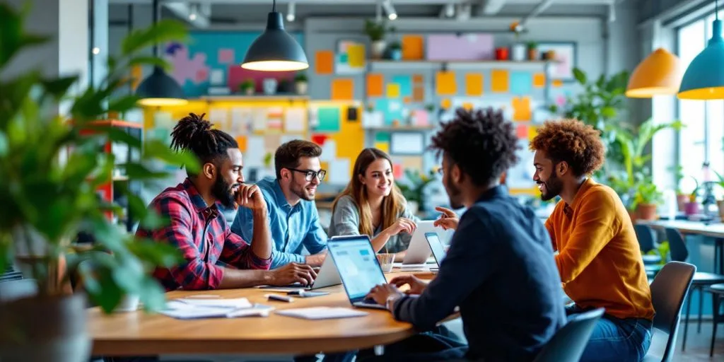 Diverse team collaborating in a modern office space.
