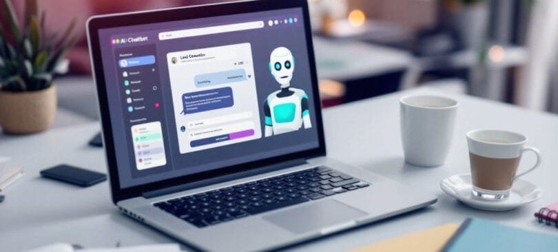 A laptop with an AI chatbot in a bright workspace.