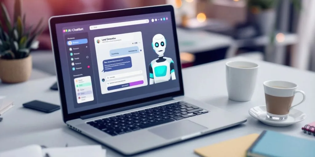 A laptop with an AI chatbot in a bright workspace.