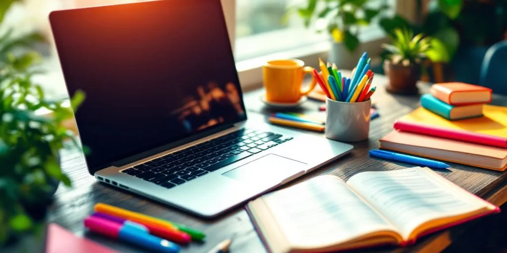 A bright workspace with a laptop and stationery.