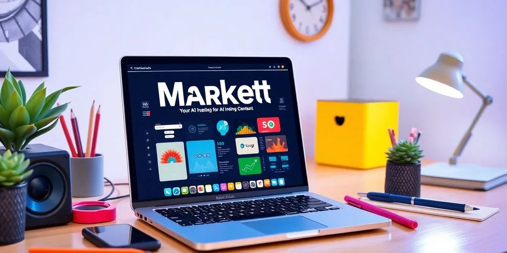 Digital marketing workspace with modern tools and laptop.